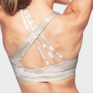 Athleta Run Free Camo Sports Bra in white and tan medium NWOT